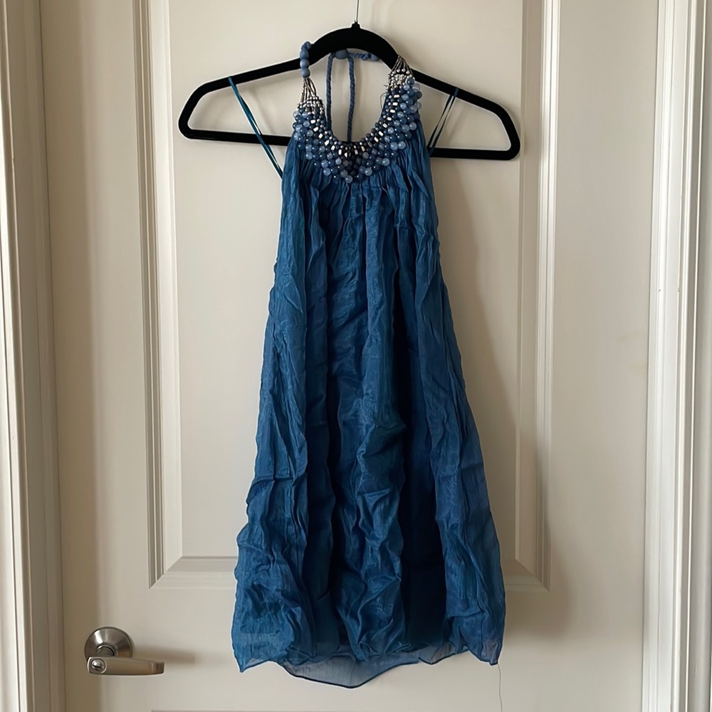 Blue halter trapeze mini dress